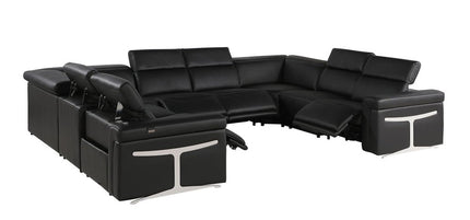 Black Italian Leather Power Reclining U Shaped Eight Piece Corner Sectional With Console