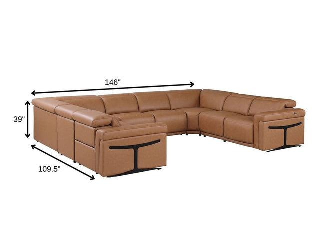 Chestnut Italian Leather Power Reclining U Shaped Eight Piece Corner Sectional With Console