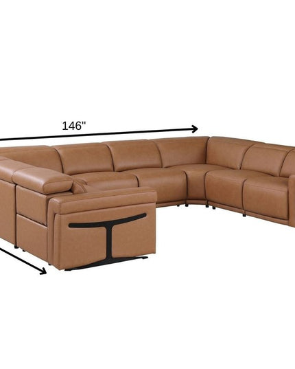 Chestnut Italian Leather Power Reclining U Shaped Eight Piece Corner Sectional With Console