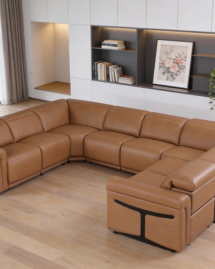 Chestnut Italian Leather Power Reclining U Shaped Eight Piece Corner Sectional With Console