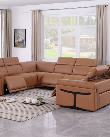 Chestnut Italian Leather Power Reclining U Shaped Eight Piece Corner Sectional With Console