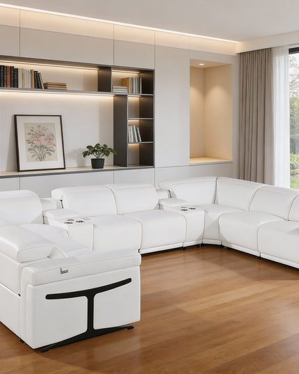 White Italian Leather Power Reclining U Shaped Ten Piece Corner Sectional With Console