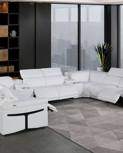 White Italian Leather Power Reclining U Shaped Ten Piece Corner Sectional With Console
