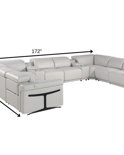 Light Gray Italian Leather Power Reclining U Shaped Ten Piece Corner Sectional With Console