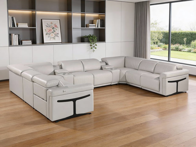 Light Gray Italian Leather Power Reclining U Shaped Ten Piece Corner Sectional With Console