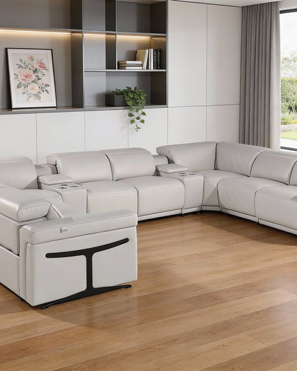 Light Gray Italian Leather Power Reclining U Shaped Ten Piece Corner Sectional With Console