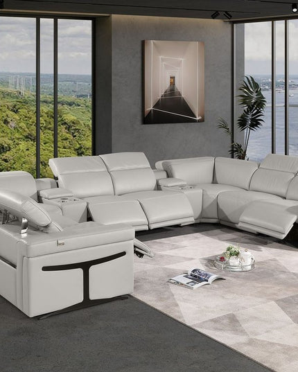 Light Gray Italian Leather Power Reclining U Shaped Ten Piece Corner Sectional With Console