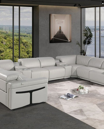 Light Gray Italian Leather Power Reclining U Shaped Ten Piece Corner Sectional With Console