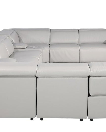 Light Gray Italian Leather Power Reclining U Shaped Ten Piece Corner Sectional With Console