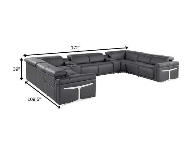 Dark Gray Italian Leather Power Reclining U Shaped Ten Piece Corner Sectional With Console