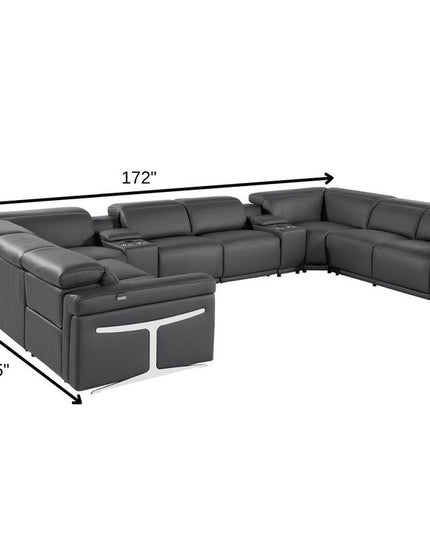 Dark Gray Italian Leather Power Reclining U Shaped Ten Piece Corner Sectional With Console