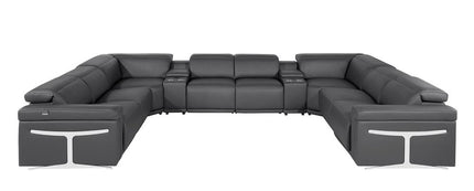 Dark Gray Italian Leather Power Reclining U Shaped Ten Piece Corner Sectional With Console