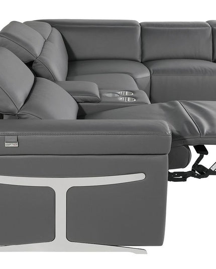 Dark Gray Italian Leather Power Reclining U Shaped Ten Piece Corner Sectional With Console