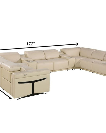Beige Italian Leather Power Reclining U Shaped Ten Piece Corner Sectional With Console