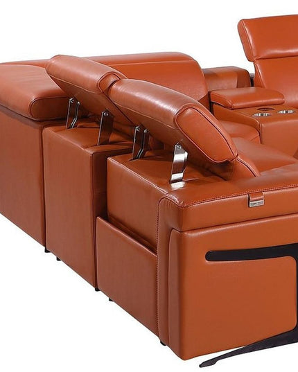 Camel Italian Leather Power Reclining U Shaped Ten Piece Corner Sectional With Console