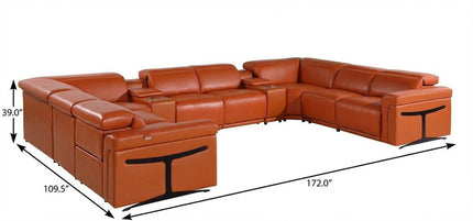Camel Italian Leather Power Reclining U Shaped Ten Piece Corner Sectional With Console