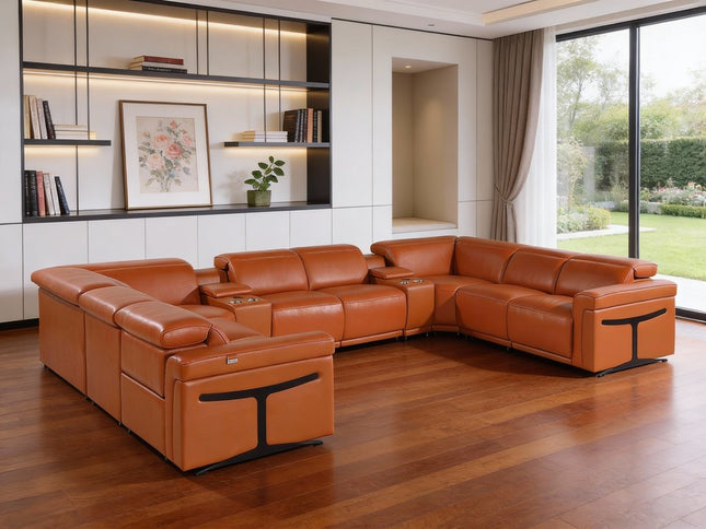 Camel Italian Leather Power Reclining U Shaped Ten Piece Corner Sectional With Console