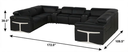 Black Italian Leather Power Reclining U Shaped Ten Piece Corner Sectional With Console