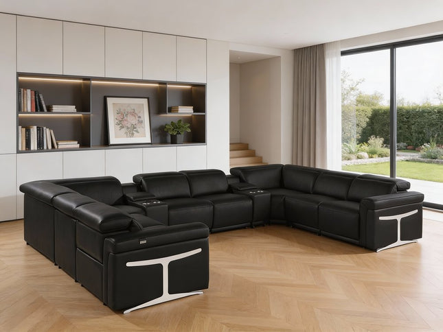 Black Italian Leather Power Reclining U Shaped Ten Piece Corner Sectional With Console