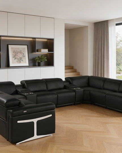 Black Italian Leather Power Reclining U Shaped Ten Piece Corner Sectional With Console
