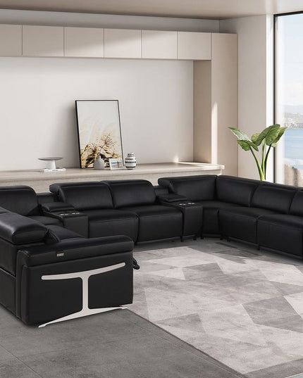 Black Italian Leather Power Reclining U Shaped Ten Piece Corner Sectional With Console