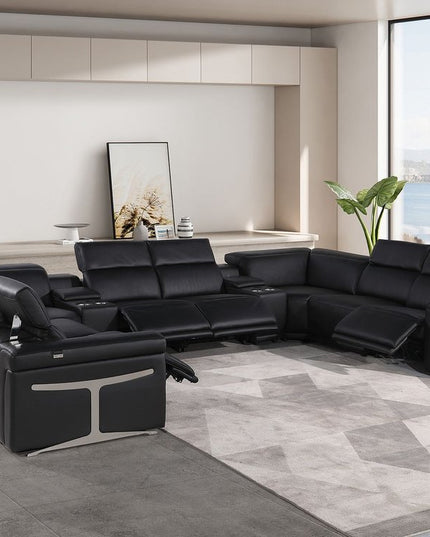 Black Italian Leather Power Reclining U Shaped Ten Piece Corner Sectional With Console