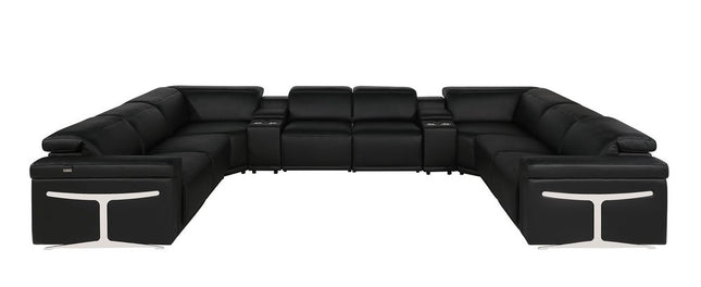 Black Italian Leather Power Reclining U Shaped Ten Piece Corner Sectional With Console