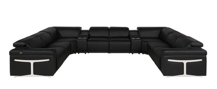 Black Italian Leather Power Reclining U Shaped Ten Piece Corner Sectional With Console
