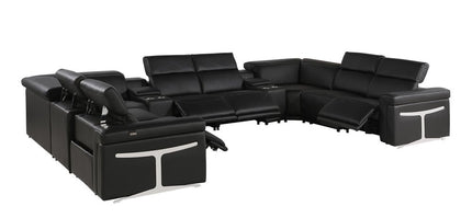 Black Italian Leather Power Reclining U Shaped Ten Piece Corner Sectional With Console