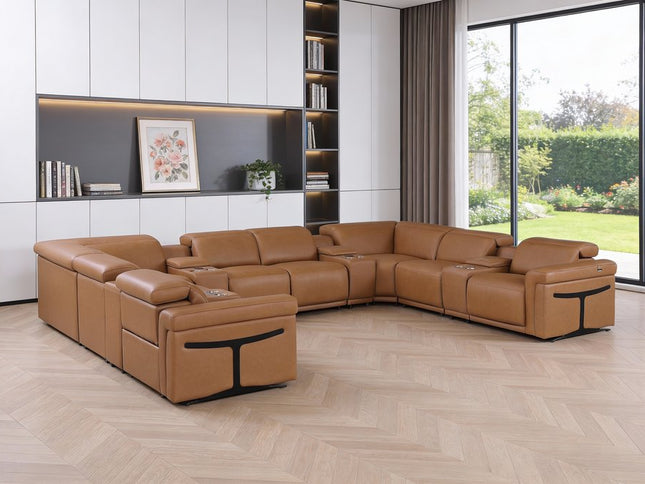 Chestnut Italian Leather Power Reclining U Shaped Ten Piece Corner Sectional With Console
