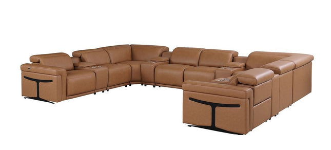 Chestnut Italian Leather Power Reclining U Shaped Ten Piece Corner Sectional With Console