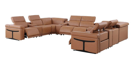 Chestnut Italian Leather Power Reclining U Shaped Ten Piece Corner Sectional With Console