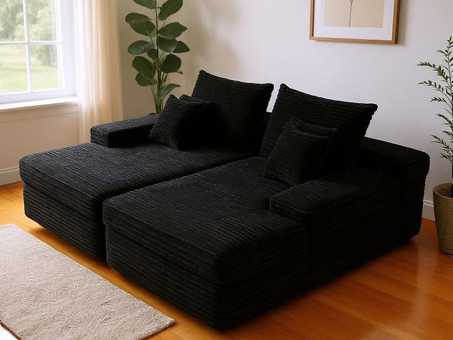 82" Black Corduroy Modular Sofa Chaise And Toss Pillows