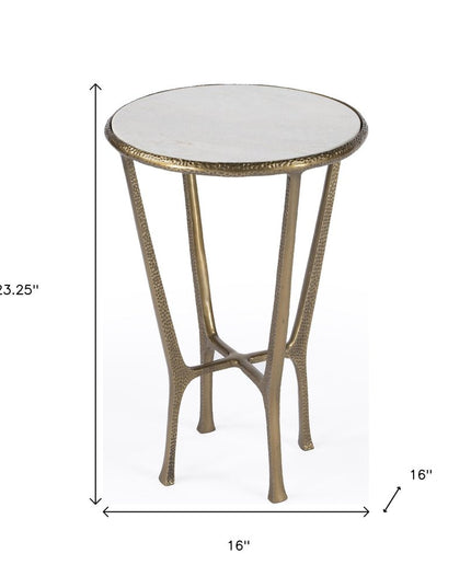 23" White and Gold Distressed Marble and Aluminum Round End Table