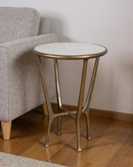 23" White and Gold Distressed Marble and Aluminum Round End Table