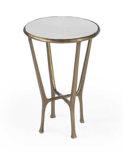 23" White and Gold Distressed Marble and Aluminum Round End Table