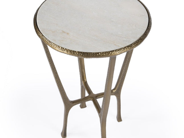 23" White and Gold Distressed Marble and Aluminum Round End Table