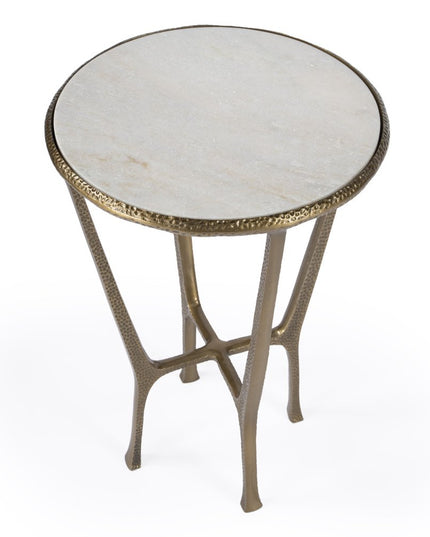 23" White and Gold Distressed Marble and Aluminum Round End Table