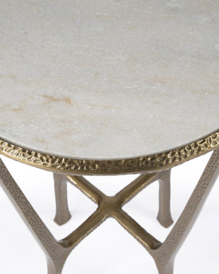 23" White and Gold Distressed Marble and Aluminum Round End Table
