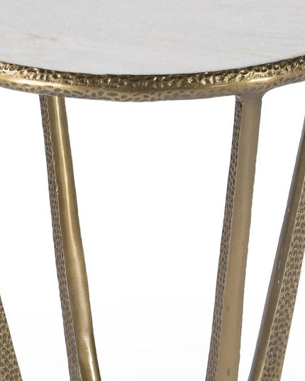 23" White and Gold Distressed Marble and Aluminum Round End Table