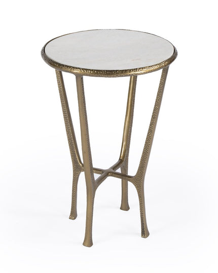 23" White and Gold Distressed Marble and Aluminum Round End Table