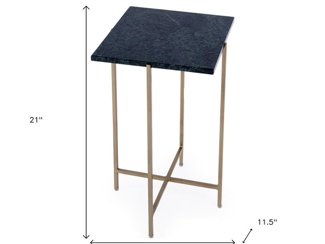 21" Green and Gold Marble and Iron Drink Size Square End Table