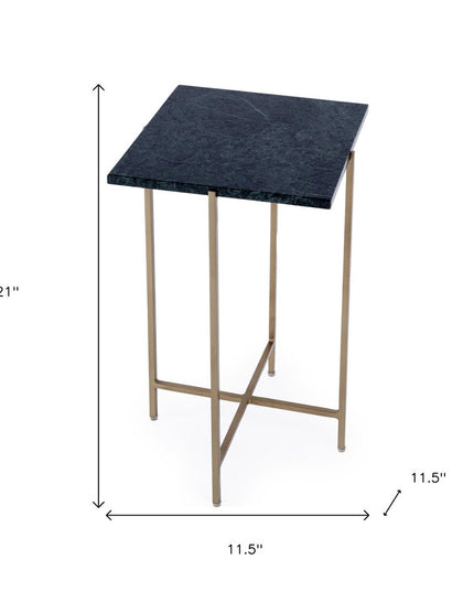 21" Green and Gold Marble and Iron Drink Size Square End Table