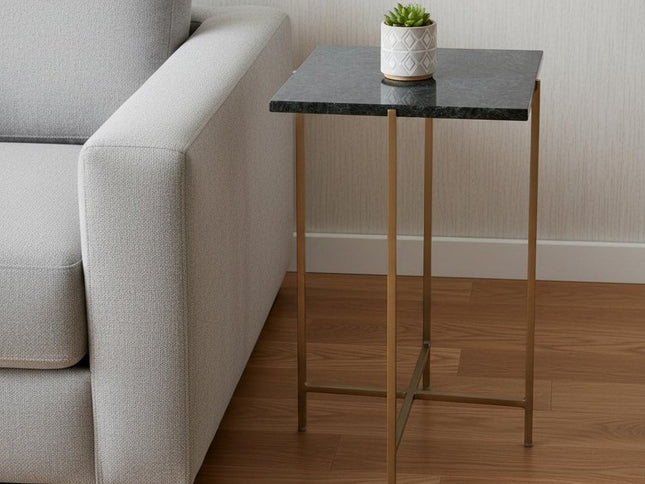 21" Green and Gold Marble and Iron Drink Size Square End Table