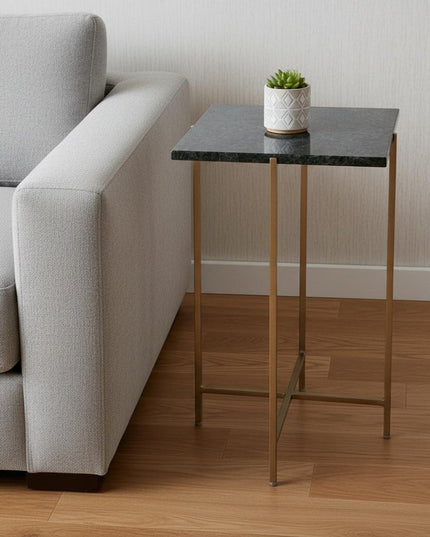 21" Green and Gold Marble and Iron Drink Size Square End Table