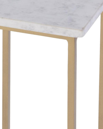 21" White and Gold Distressed Marble and Iron Square End Table