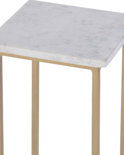 21" White and Gold Distressed Marble and Iron Square End Table