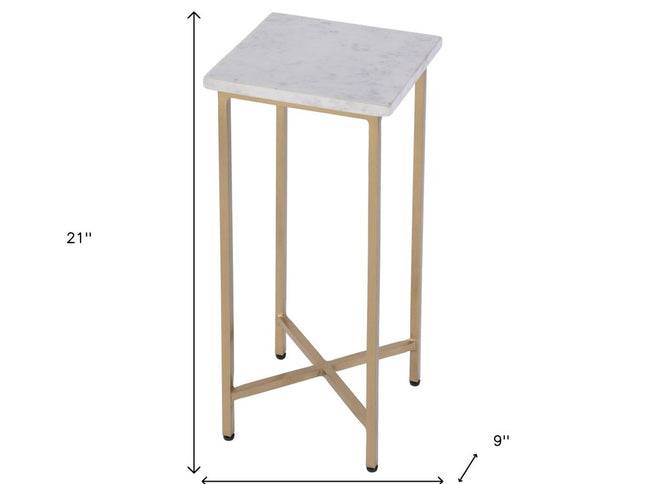 21" White and Gold Distressed Marble and Iron Square End Table