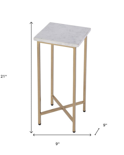 21" White and Gold Distressed Marble and Iron Square End Table