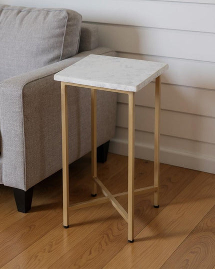 21" White and Gold Distressed Marble and Iron Square End Table